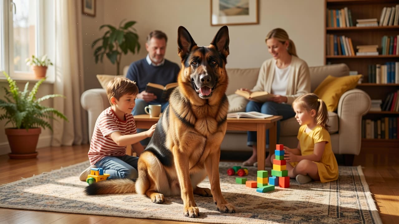A focused German Shepherd dog sits patiently on a plush rug in a sun-drenched living room. In the blurred background, a family gathers together, creating a warm and quiet domestic atmosphere.