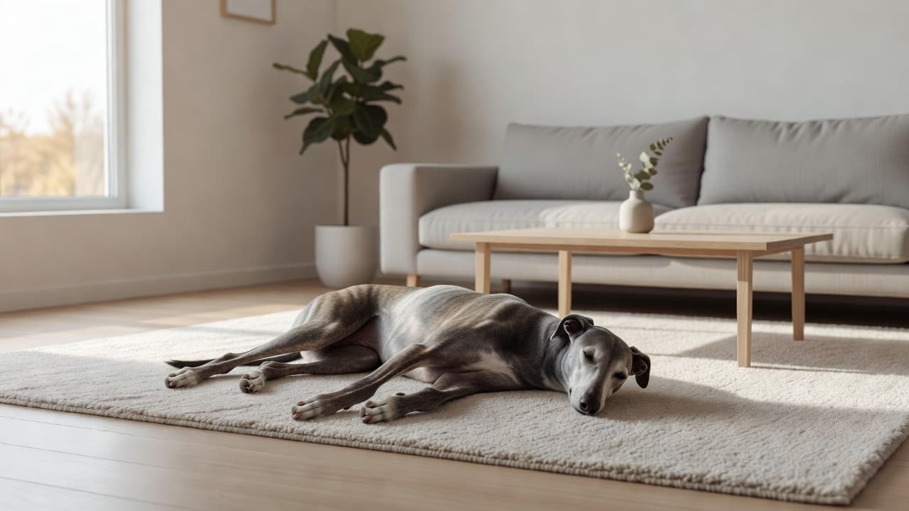 A graceful greyhound rests comfortably on a plush cream rug inside a sun-drenched, minimalist living area. The neutral walls and soft afternoon light create a serene environment for the reclining dog.