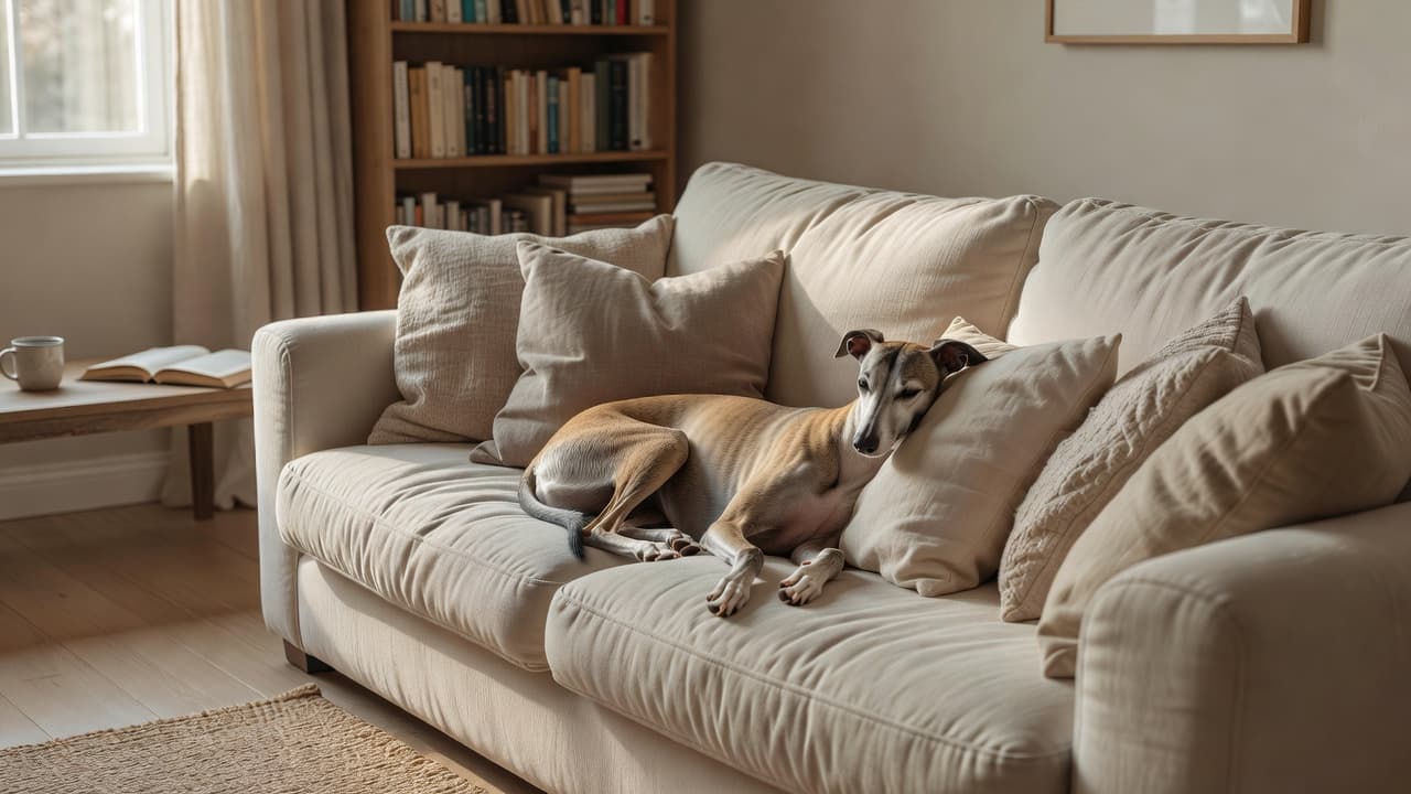 A graceful whippet lies in a relaxed pose across a plush, neutral-toned sofa. Soft sunlight streams through nearby windows, illuminating the cozy living room while highlighting the dog's sleek, gentle frame.