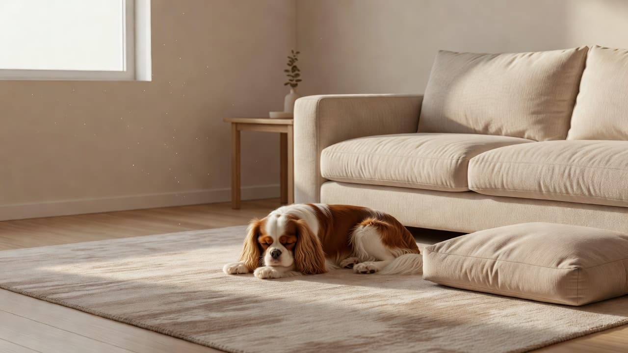 A peaceful Cavalier King Charles Spaniel lounges on a soft rug in a sunlit living room. Nearby, a plush sofa and a small cushioned dog bed create a serene, neutral home atmosphere.