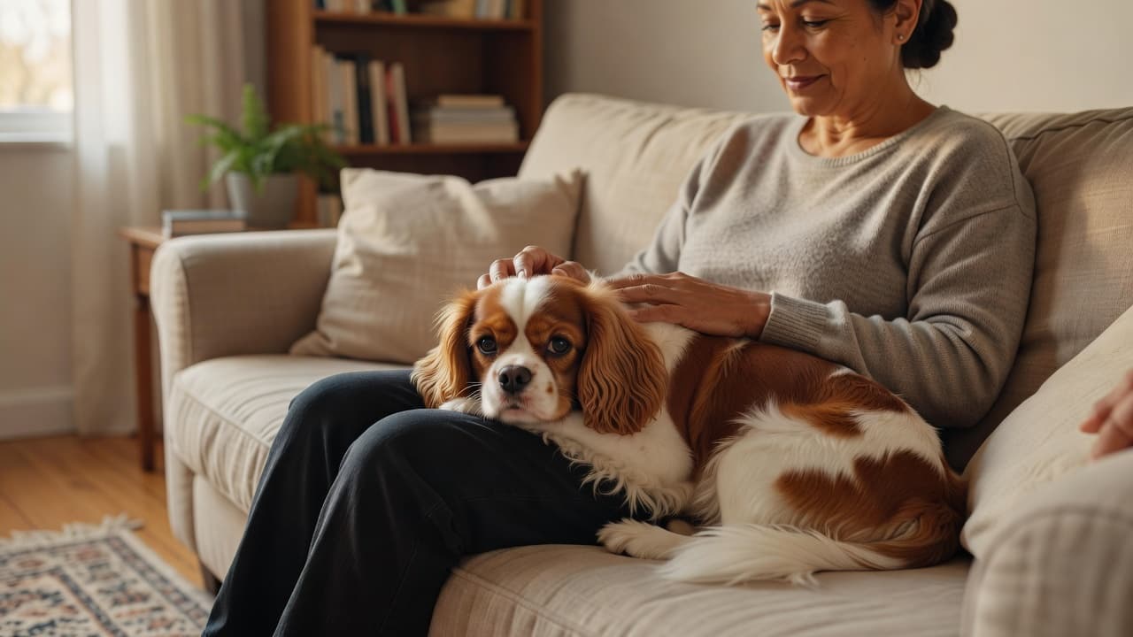 A tri-color Cavalier King Charles Spaniel rests its chin comfortably on a person's lap atop a plush fabric sofa. The living room is bathed in soft natural light, highlighting the gentle interaction.