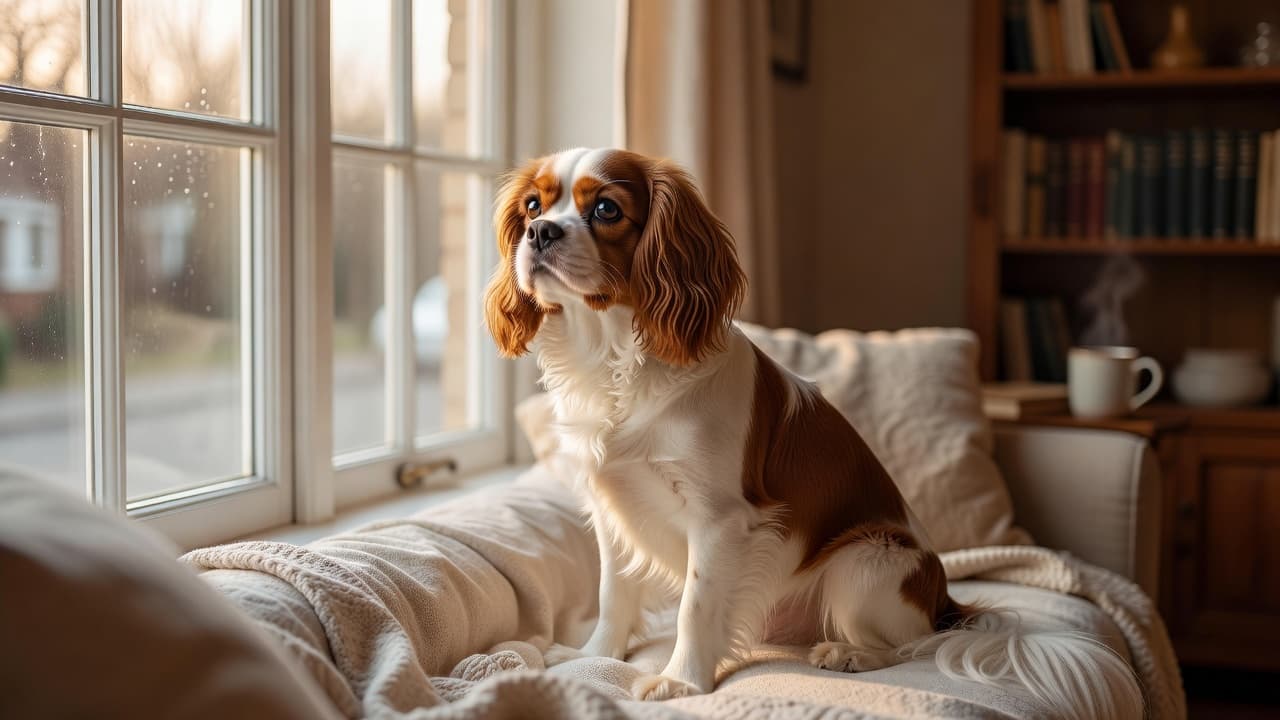 A tri-color Cavalier King Charles Spaniel sits on a wooden floor, gazing longingly through a bright window. Soft, warm indoor lighting illuminates the dog's silky ears and gentle, expressive face.