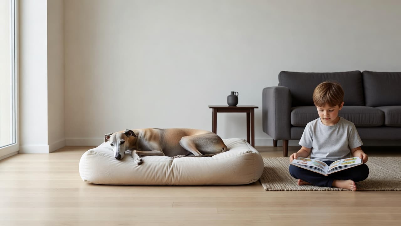 A graceful greyhound lies relaxed on a plush dog bed inside a clean living room. Nearby, a young child sits cross-legged on the floor, focused intently on reading a colorful book.