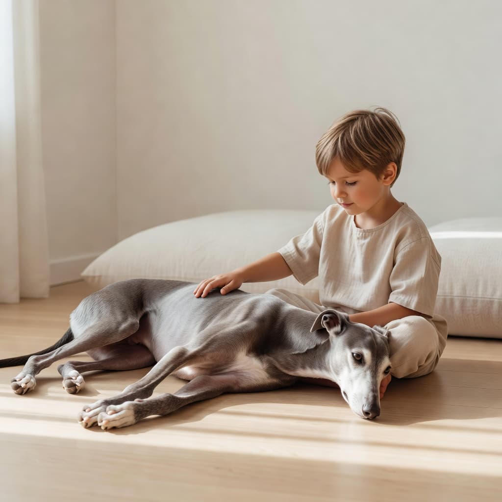 A toddler sits on the floor of a minimalist living room, gently stroking the soft fur of a relaxed greyhound resting nearby. Bright afternoon sunlight highlights their peaceful shared moment.