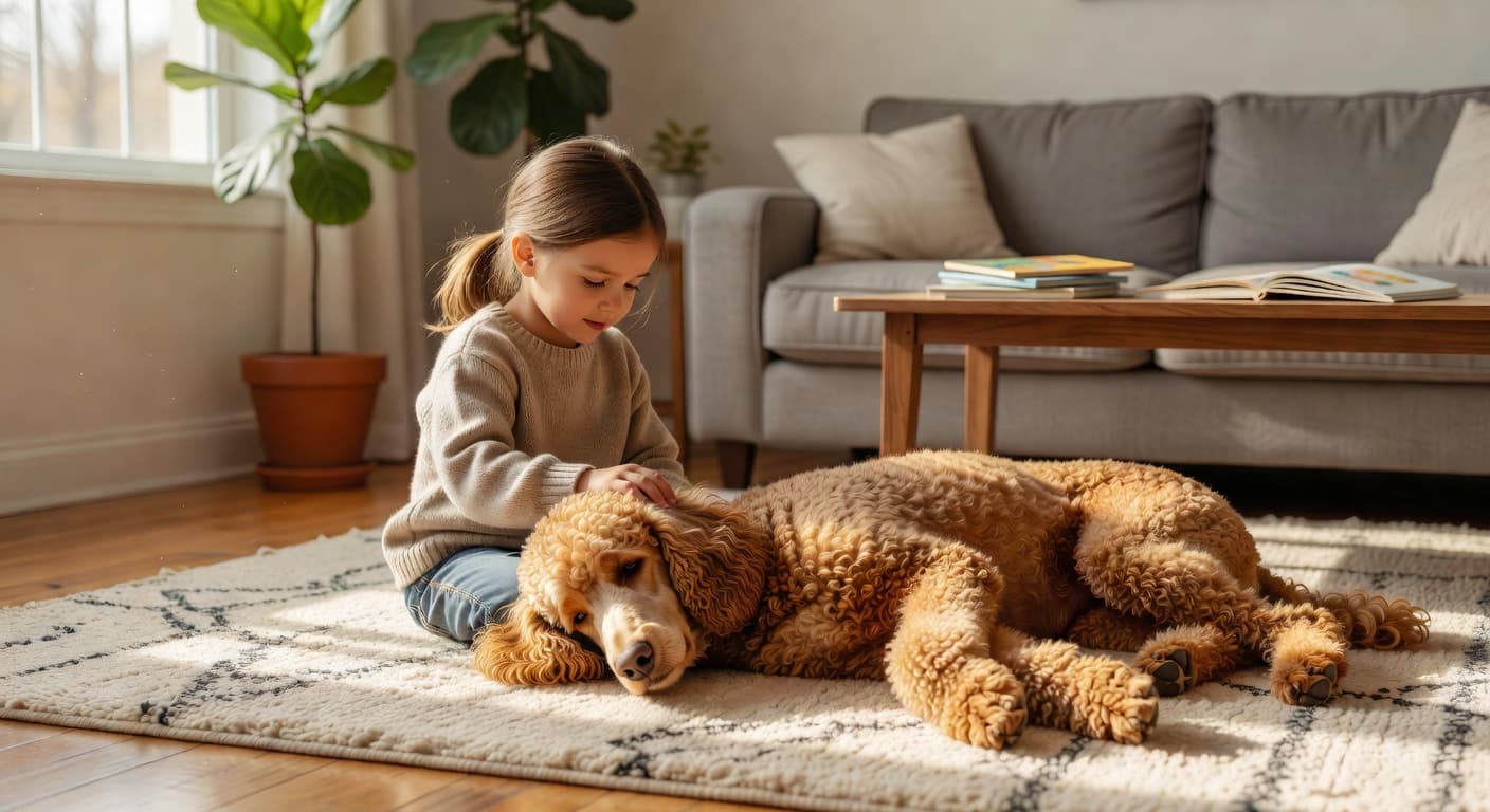 A young child sits on a bright living room floor, softly stroking the curly fur of a calm Standard Poodle. Warm sunlight streams into the cozy, inviting home interior setting.