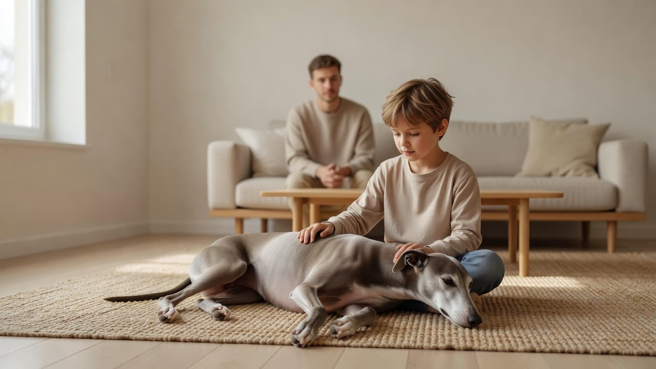 A young child sits peacefully on a soft area rug next to a relaxed greyhound dog. An adult stands slightly blurred in the background, keeping watch within a minimalist living room.