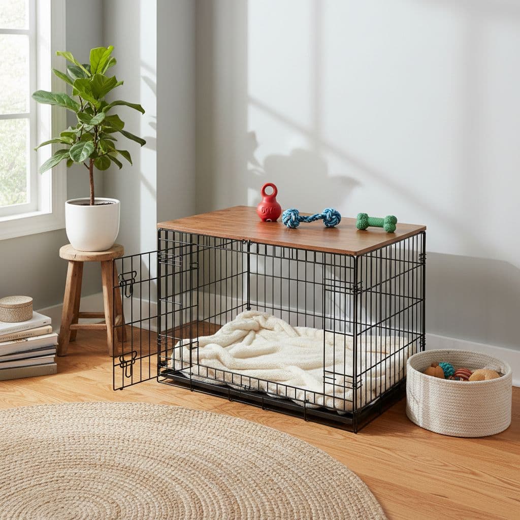 A spacious wire dog crate rests in a sunlit corner, featuring a plush fleece blanket and several colorful rubber chew toys. This organized space creates a welcoming retreat for a new pet.