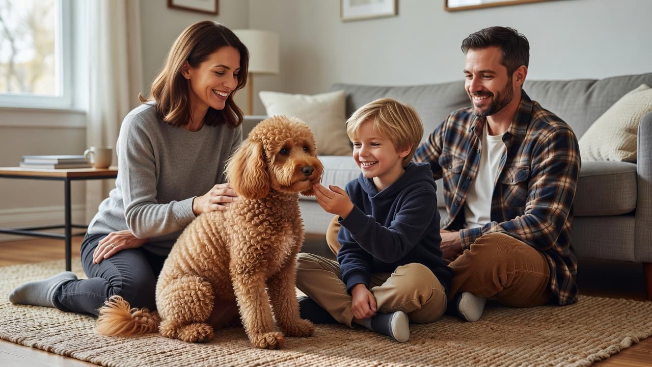 A fluffy poodle sits patiently on a plush rug while a cheerful family sits close by in a sunlit living room. Warm ambient lighting highlights their shared moment of domestic comfort.