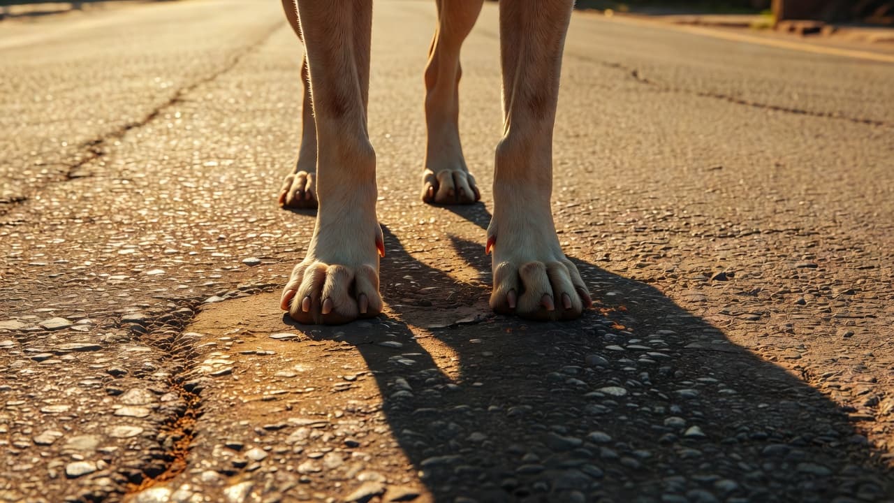 A close-up view of a dog's furry paws standing on gray asphalt during a bright summer day. The intense sunlight creates harsh shadows, highlighting the risk of burnt pads on pavement.