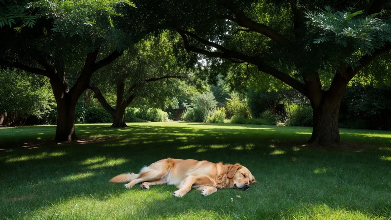 A calm dog lies sprawled across lush, green grass under the protective canopy of a leafy tree. The surrounding garden provides a cool retreat from the intense heat of the day.