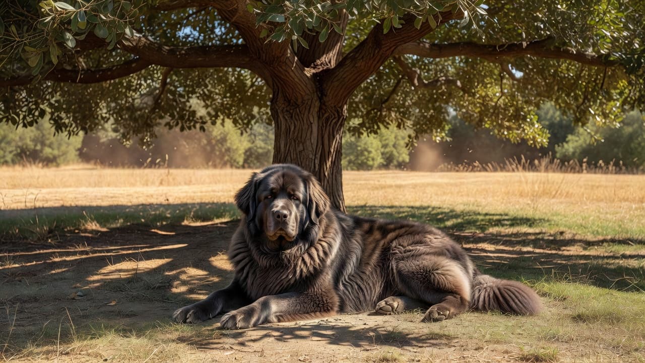 A fluffy dog with a dense coat lies comfortably on dry grass beneath the leafy branches of a tree. The surrounding garden is bathed in intense, bright sunlight during summer.