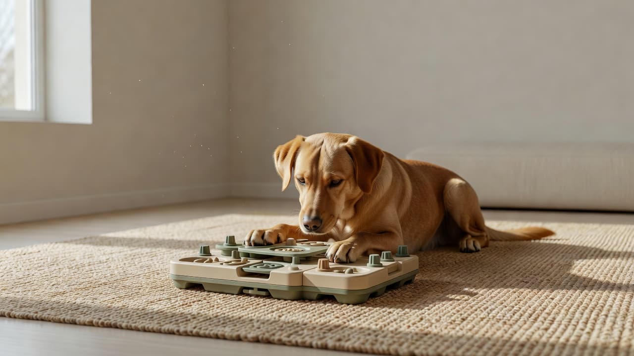A focused golden dog nudges a colorful wooden interactive puzzle toy with its nose on a clean indoor floor. Soft sunlight streams into the minimalist room, highlighting the animal's intense concentration.