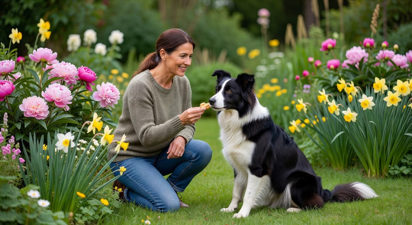A smiling person kneels in a lush garden, holding a small treat for a calm Border Collie. The dog watches intently while the soft sunlight highlights their peaceful, positive interaction outdoors.
