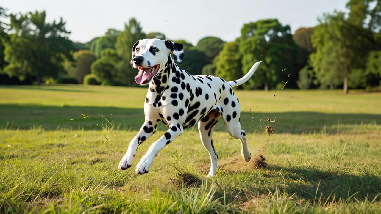 A spotted Dalmatian sprints across an open grassy field during a sunny day. The dog appears joyful and full of energy, captured in motion against a soft-focus background of lush trees.