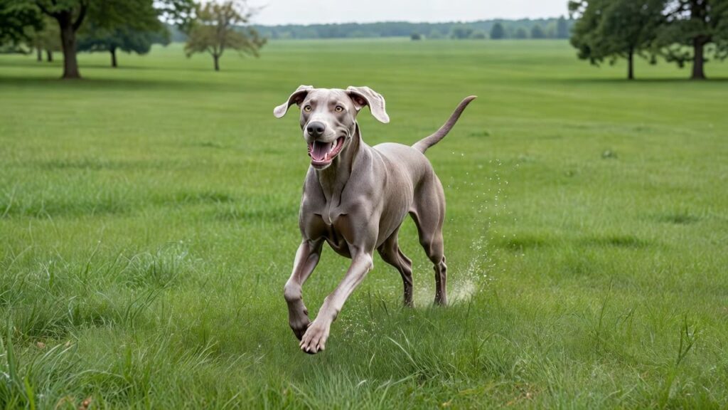 A silver Weimaraner running freely through a sunny green park.