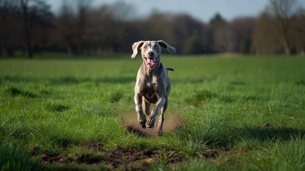 A sleek silver Weimaraner sprints across a lush green park field under bright daylight. The dog displays intense energy with its ears flopping mid-stride against a soft, blurred background of trees.
