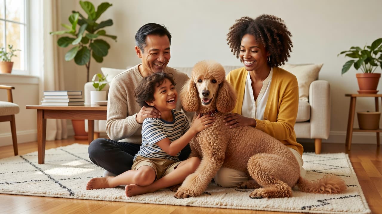 A diverse group of three family members sits comfortably on a sunlit living room rug while gently interacting with a friendly, curly-coated standard poodle resting calmly between them on the floor.