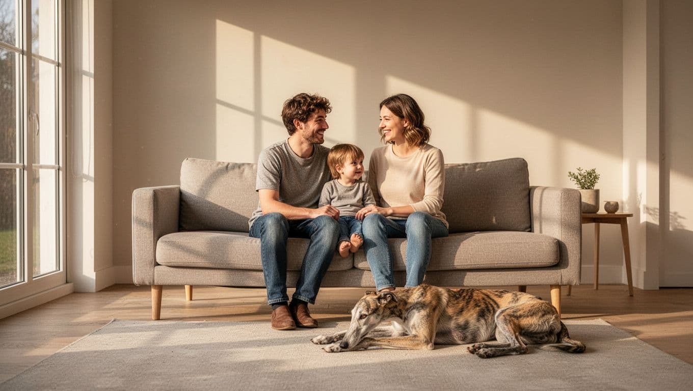 A young couple and their child sit comfortably on a minimalist sofa while engaging in an earnest conversation. A gentle greyhound rests calmly on the floor nearby in warm sunlight.