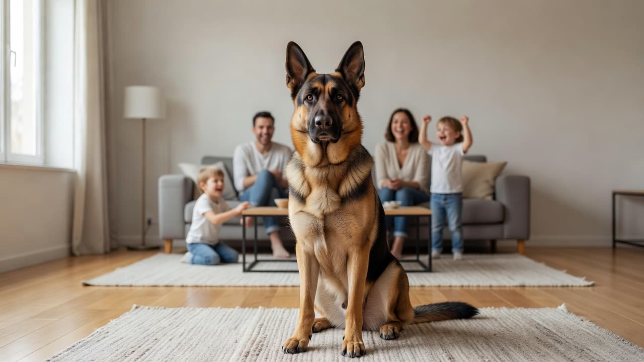 A focused German Shepherd rests on a plush rug within a brightly lit, modern living space. In the soft-focus background, a family enjoys quality time together, creating a warm, inviting atmosphere.