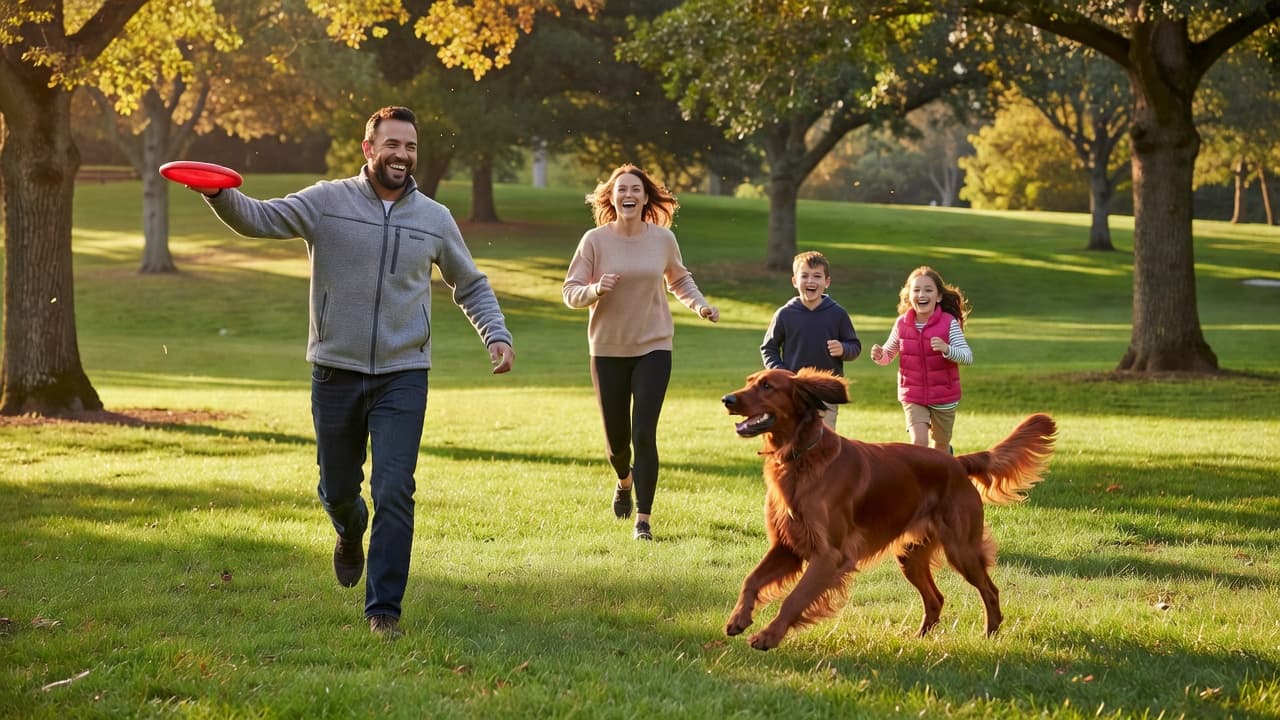 A energetic young family runs across a vibrant green grassy field alongside a playful Irish Setter. Golden afternoon sunlight illuminates the lively group as they enjoy outdoor recreational activities together.