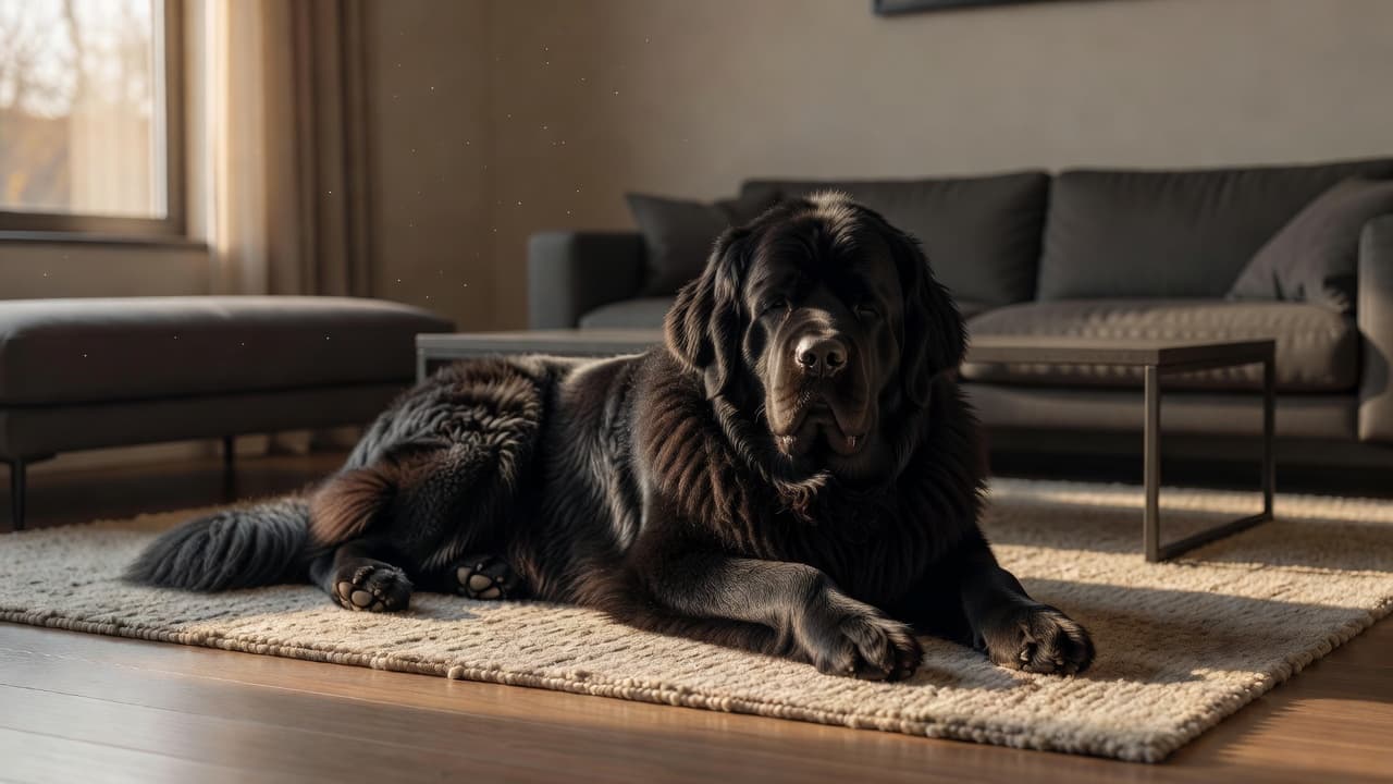 A massive, gentle Newfoundland dog with thick black fur lies peacefully on a soft textured rug. The cozy sunlit room features dark neutral furniture, creating a calm and inviting home environment.