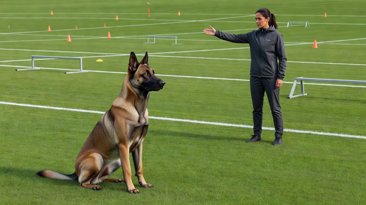 A tan Belgian Malinois stands attentively on a manicured green field, locked in intense eye contact with its handler. The soft morning glow highlights the dog's sharp posture and athletic frame.