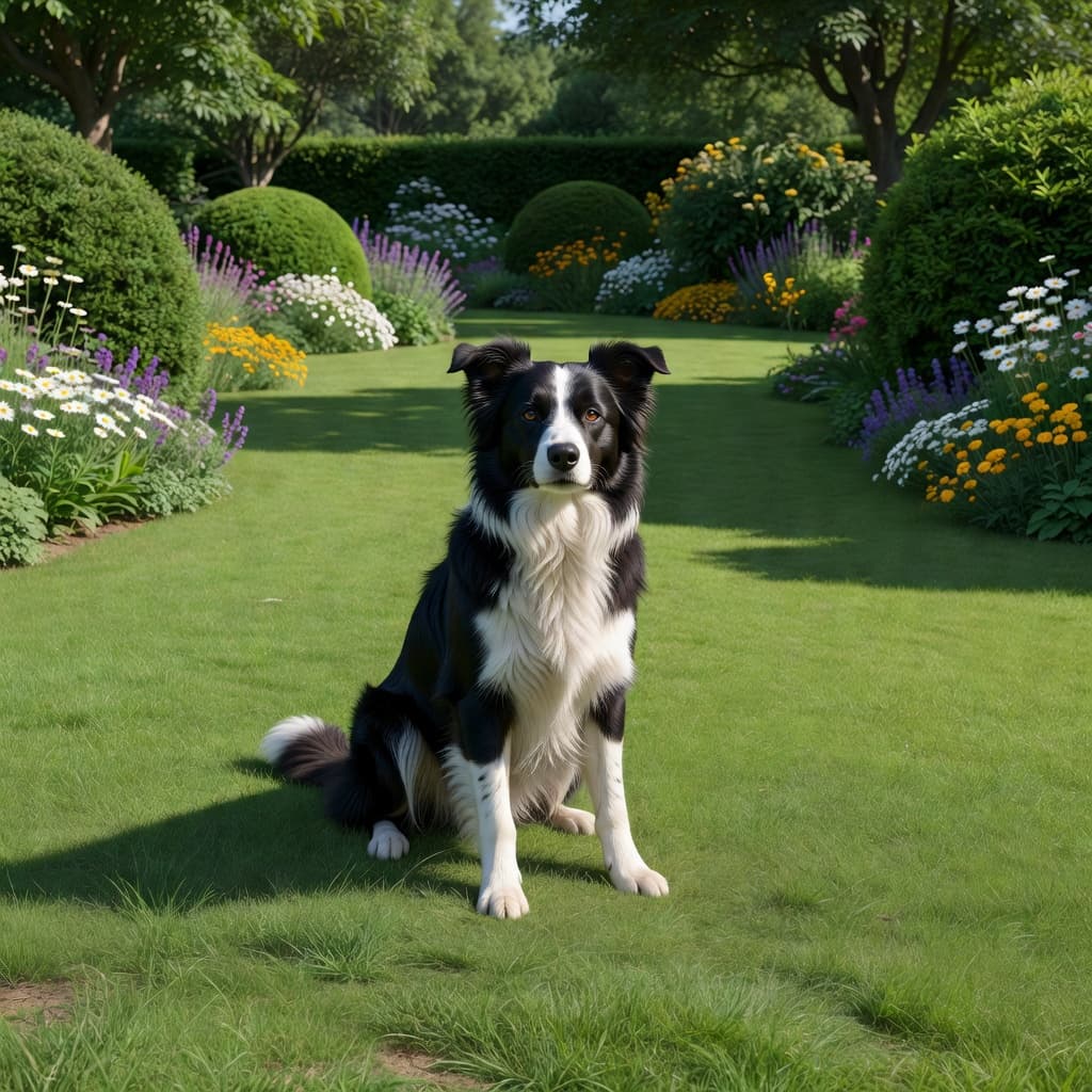A concentrated Border Collie sits attentively on a vibrant green lawn within a tranquil garden. The dog maintains a steady gaze while waiting for a training command in the bright daylight.