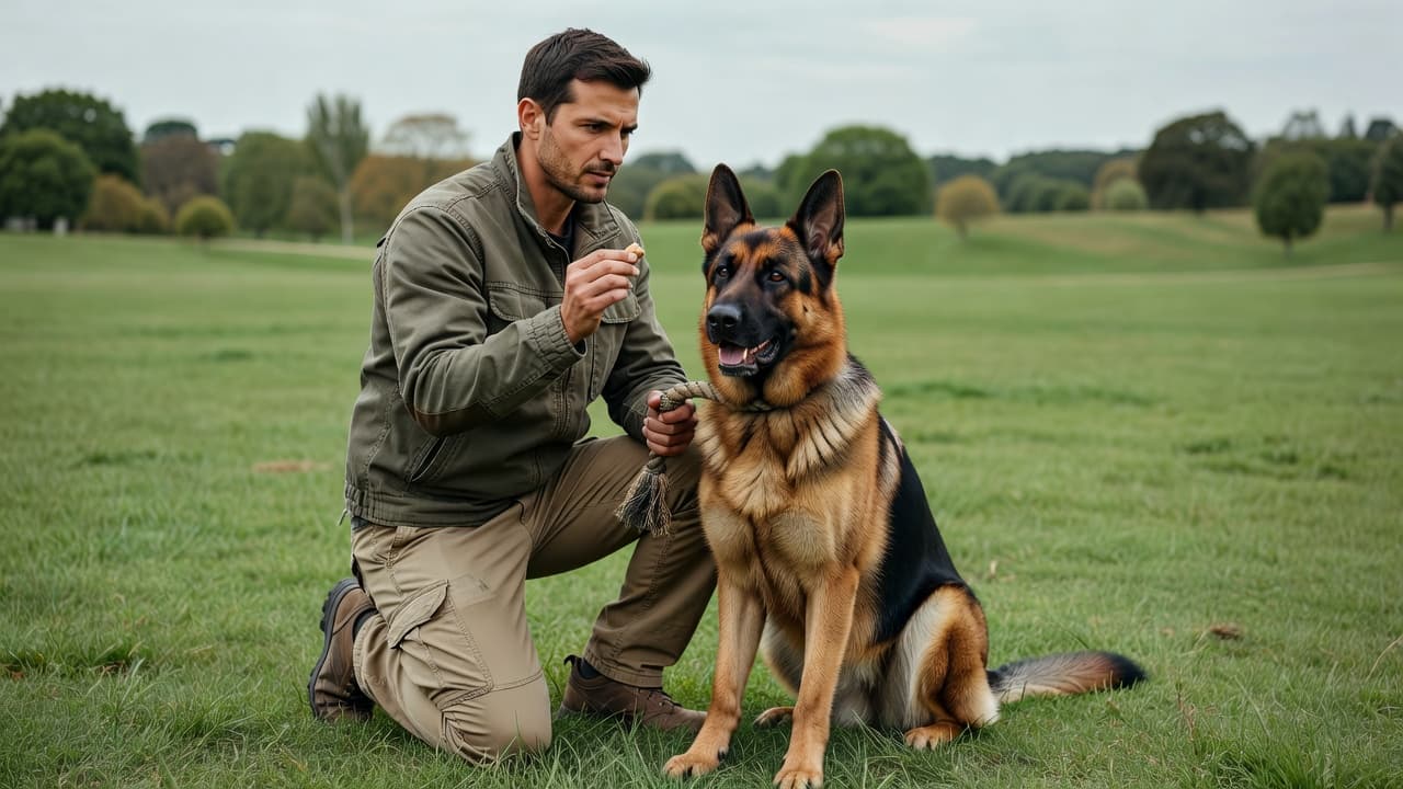 A focused handler stands in a lush park, holding a small treat and squeaky toy. The energetic dog watches intently, waiting for the command while surrounded by soft outdoor natural light.