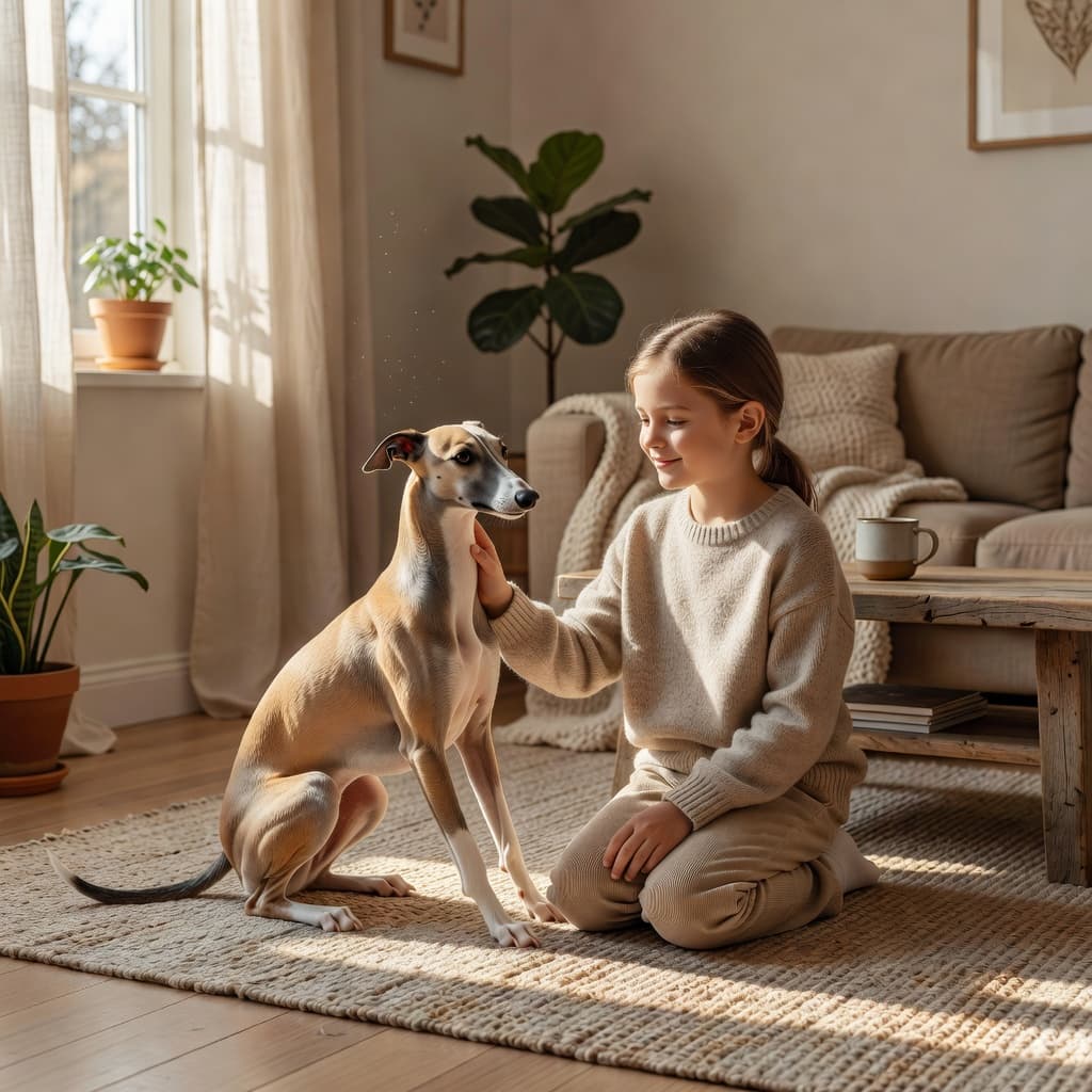A slender whippet sits quietly on a textured rug while a school-aged child kneels beside it, gently petting its back. Soft golden sunlight fills the cozy living room, highlighting the peaceful bond.