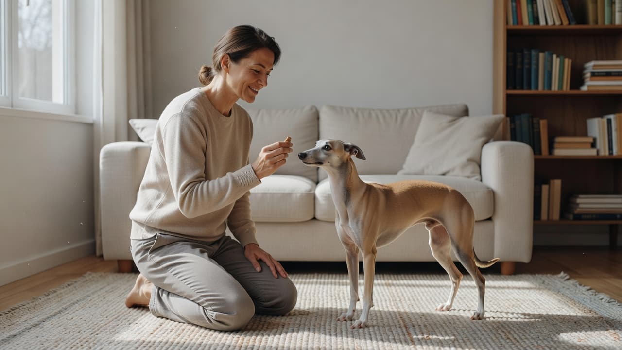 A person kneels on a woven area rug inside a sunlit living room, holding a small treat as a calm whippet waits patiently. Neutral walls frame this quiet moment of positive reinforcement.