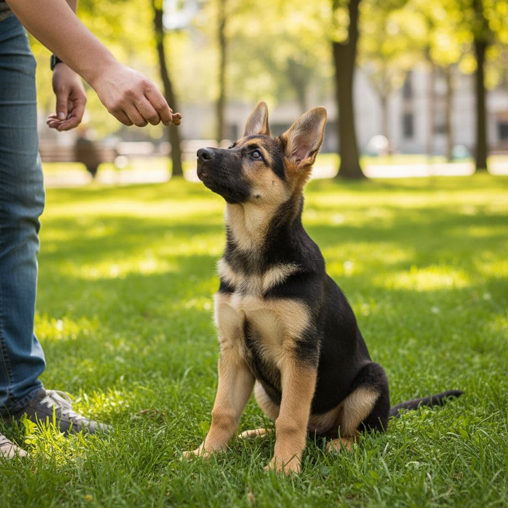 A focused German Shepherd puppy sits on a lush green lawn, gazing intently at a person holding a treat. Sunlight illuminates the park setting while the young dog anticipates a reward.