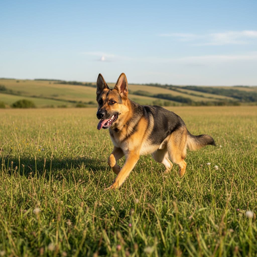 A happy German Shepherd trots joyfully through a sprawling green field under a clear blue sky. The dog has its tongue out and ears perked while sunlight illuminates its tan coat.