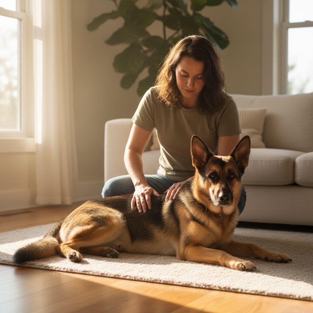 A person carefully examines the legs and back of a calm German Shepherd while sitting in a sunlit living room. They are checking the dog for potential swelling or physical discomfort.