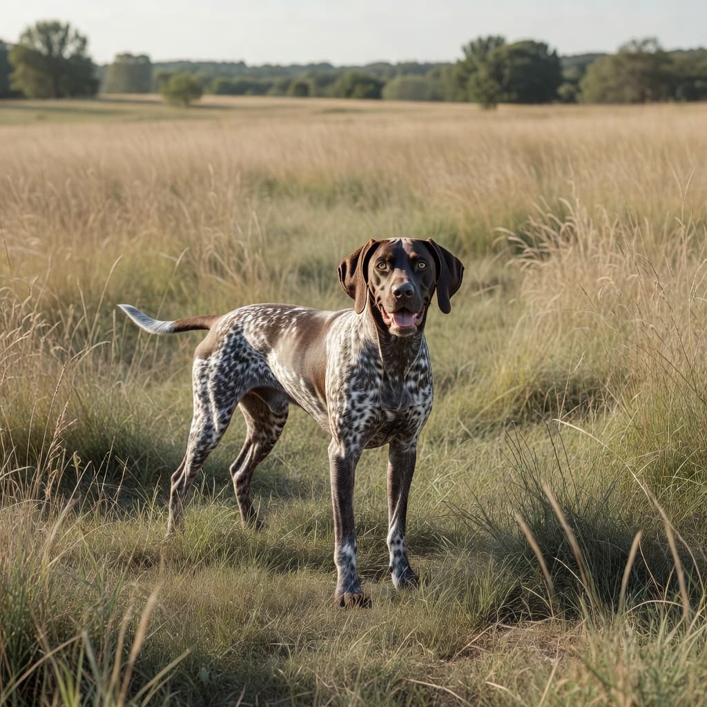 A lean German Shorthaired Pointer with a speckled brown coat stands alert in a field of tall, golden grass. Soft sunlight illuminates the dog against a blurred, peaceful park background.