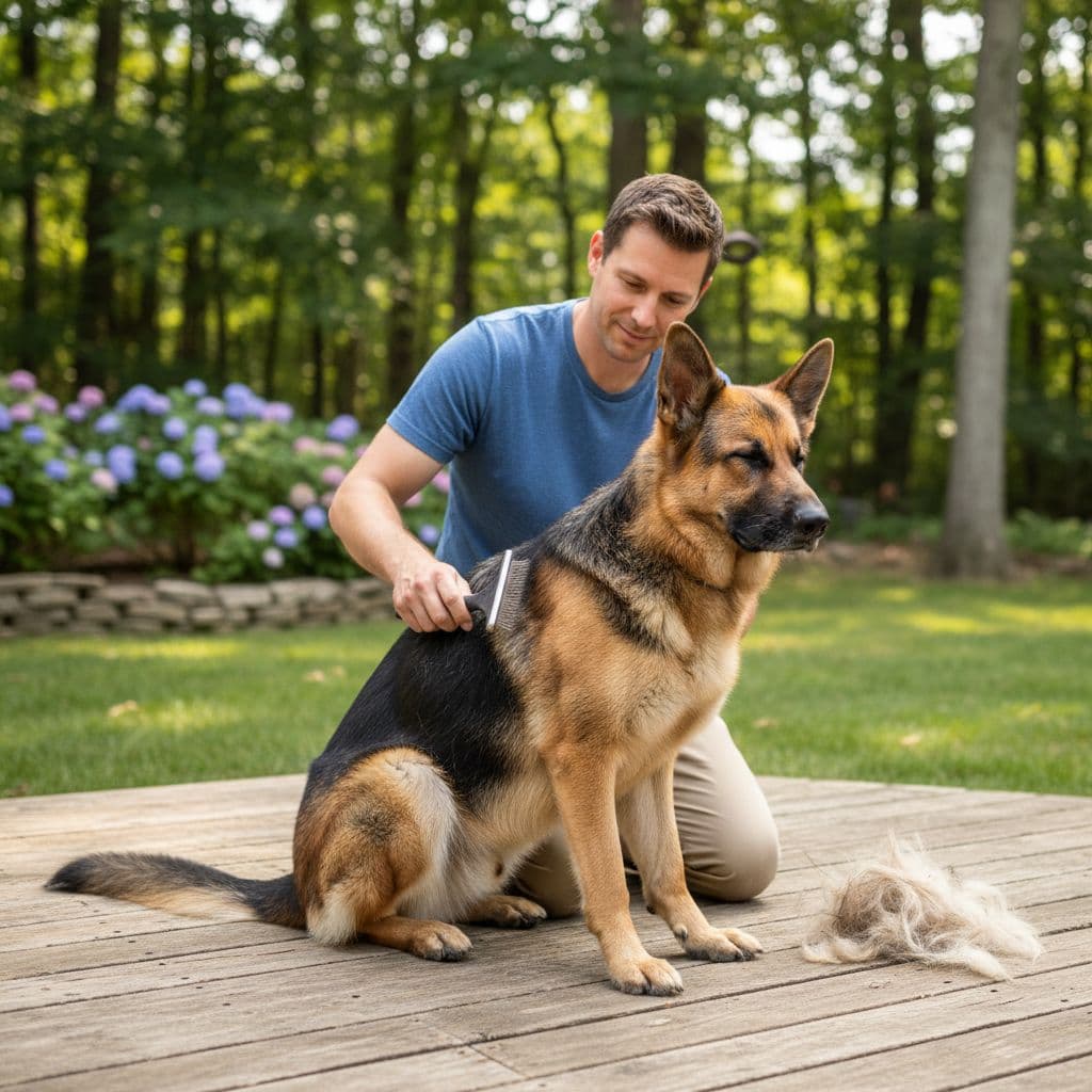 A person carefully brushes the thick coat of a German Shepherd while sitting on the lush grass of a private backyard. The natural sunlight highlights the dog's focused and calm expression.