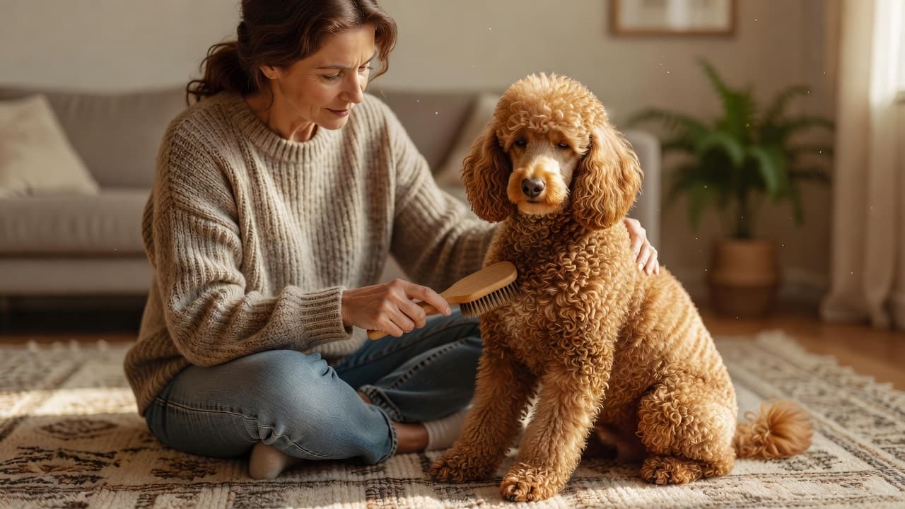 A person carefully brushes the thick, curly coat of a calm standard poodle sitting on a living room rug. Warm sunlight illuminates the pair, emphasizing the gentle routine of pet maintenance.