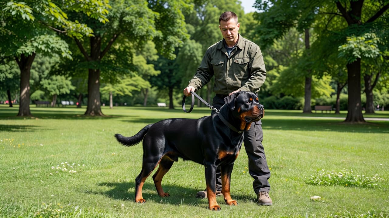 A calm individual stands in a lush green park holding the leash of a massive, well-behaved dog. The bright daylight highlights the strong muscular build of the canine during training.