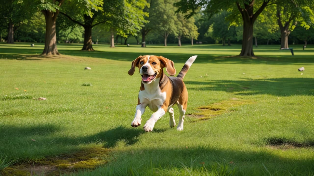 A playful beagle leaps across a vibrant green meadow during a sunny afternoon. The dog is captured mid-stride with joyful eyes, surrounded by soft grass and distant trees in a park.