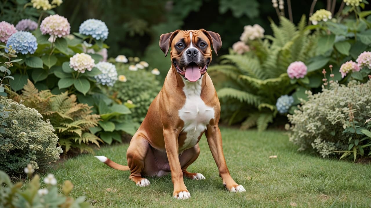A tan and white Boxer dog with a joyful expression sits amidst lush green garden foliage. The soft natural sunlight highlights the animal's alert ears and friendly, relaxed facial features.