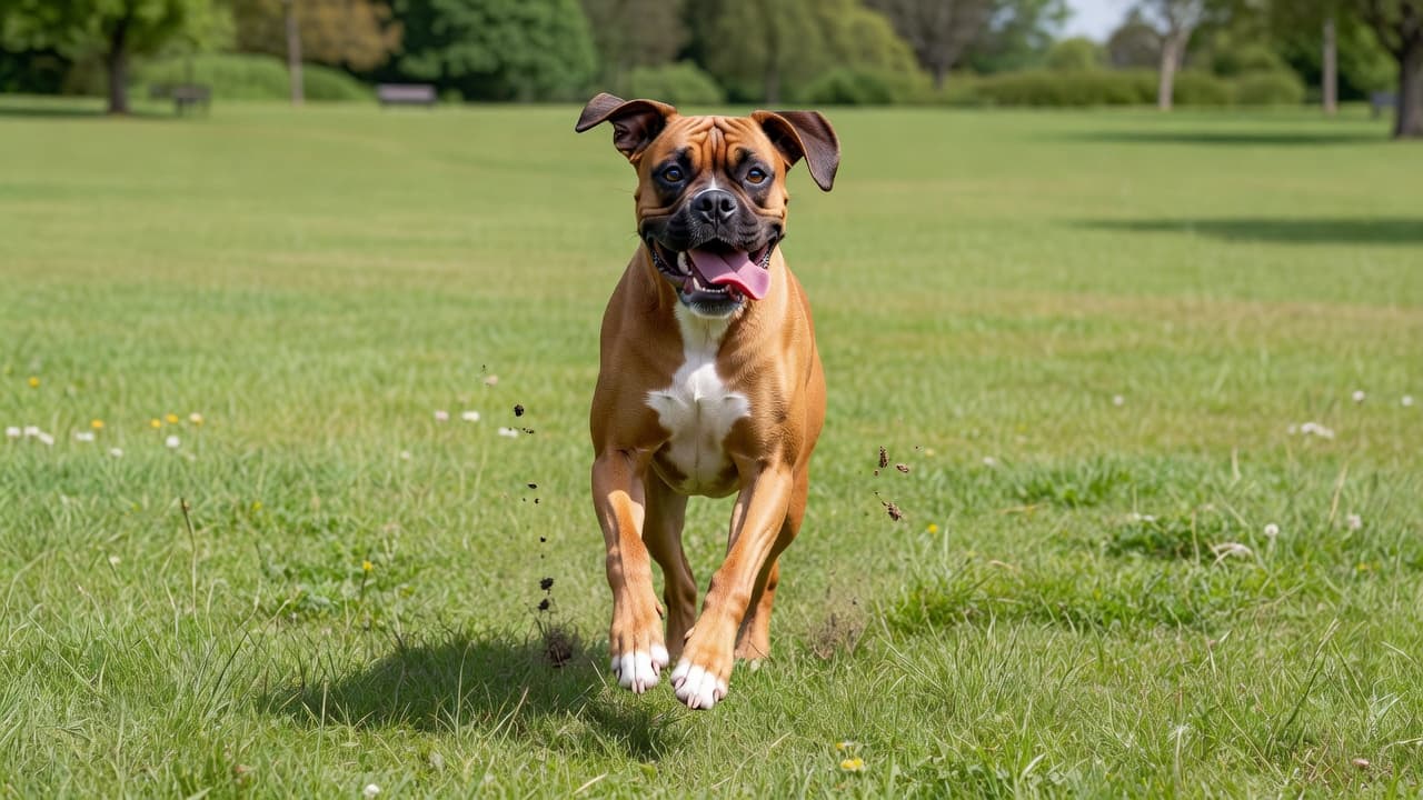 A energetic Boxer dog with alert ears sprints through a vibrant green grassy park under bright sunshine. The canine displays a cheerful expression while moving dynamically across the open outdoor space.