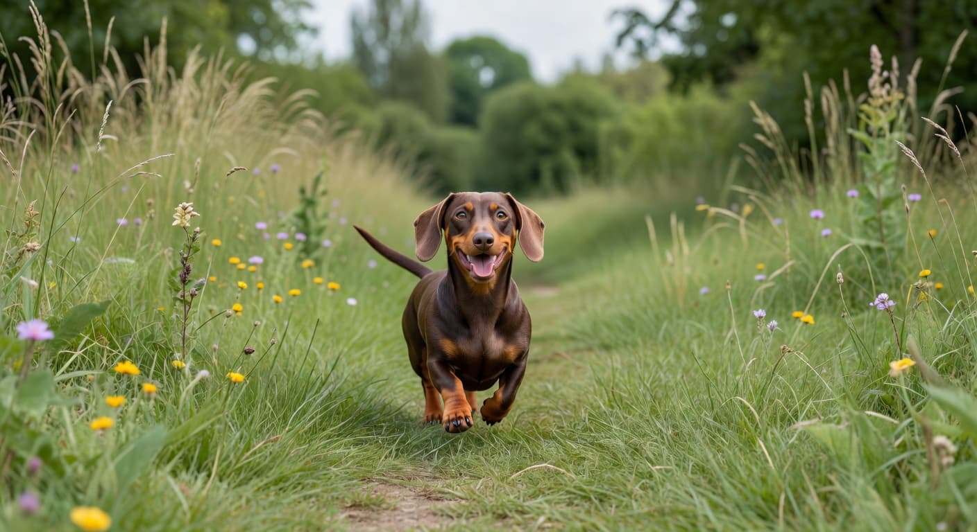 A healthy adult dachshund trots along a vibrant green grass pathway in a sunlit park. The background is softly blurred to emphasize the dog moving steadily through the peaceful outdoor environment.