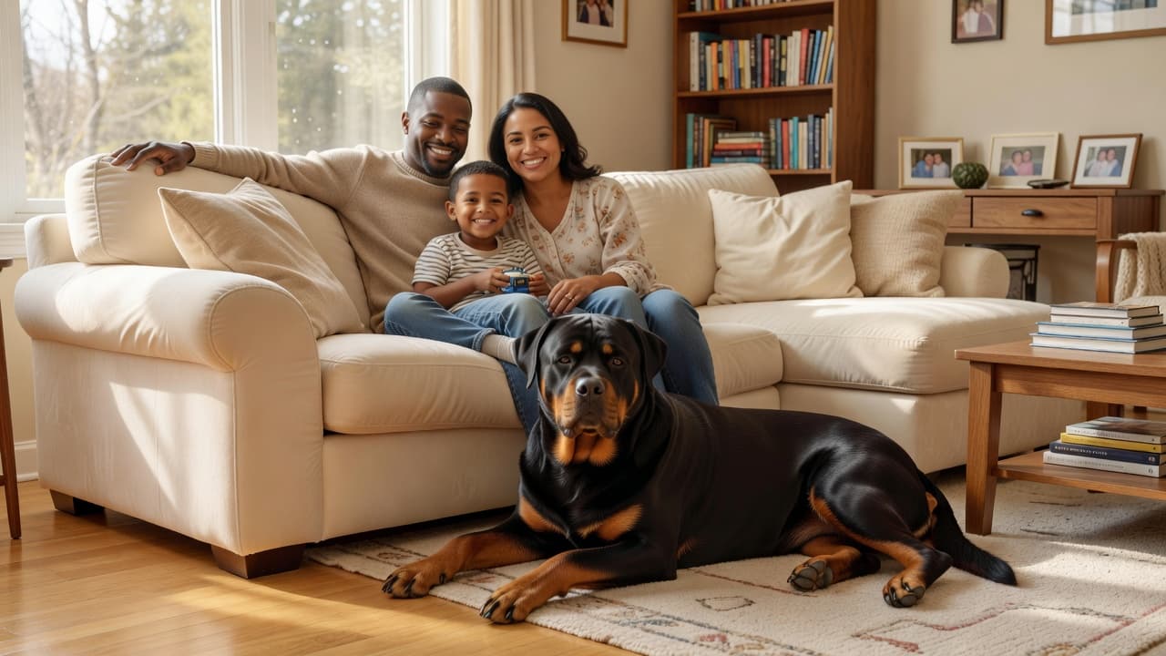 A diverse family of three sits together on a plush beige sofa inside a sun-drenched living room. A large, calm Rottweiler rests peacefully on the hardwood floor near their feet.