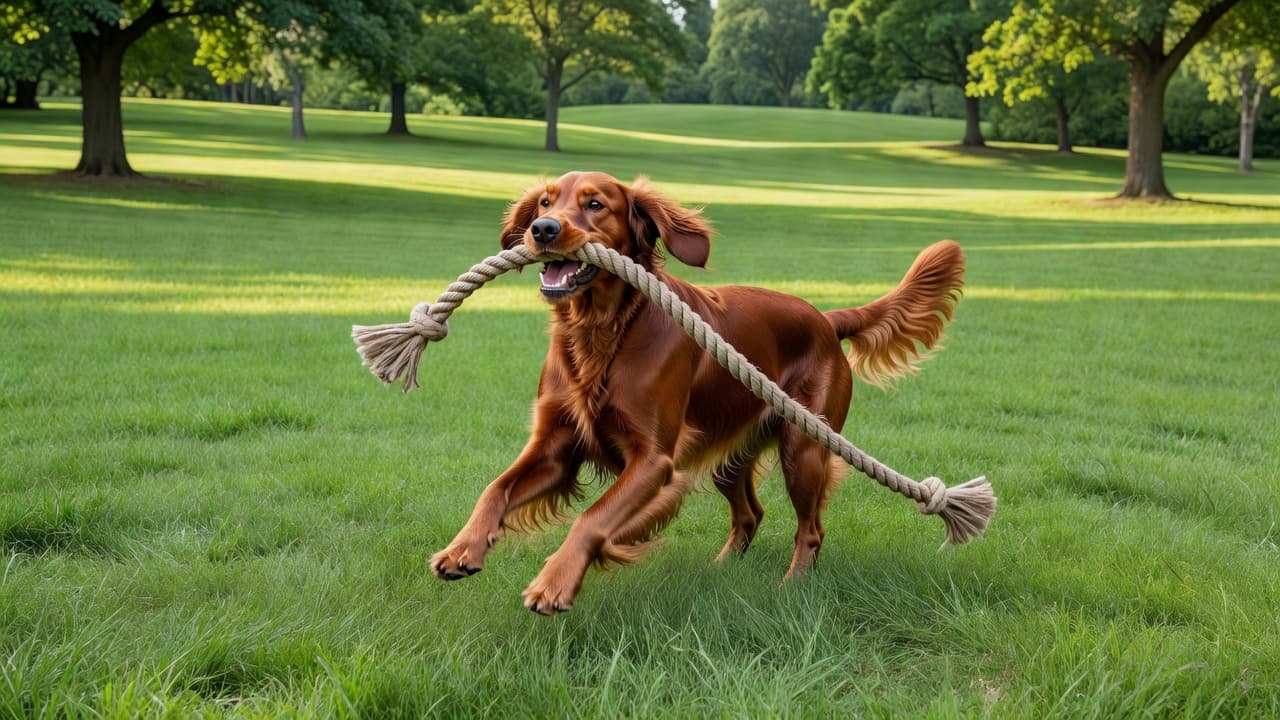 A vibrant Irish Setter with a mahogany coat frolics on a manicured green lawn while gripping a colorful braided rope toy. The bright afternoon sun illuminates the energetic dog's playful stance.