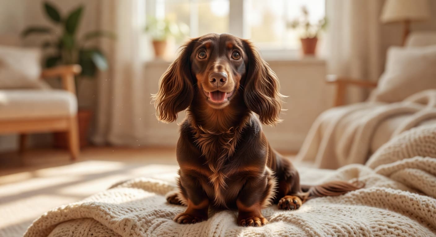 A cheerful long-haired dachshund with glossy fur sits upright on a plush, soft blanket. Soft natural light streams into the cozy room, highlighting the dog's attentive gaze and friendly facial expression.