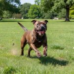 A happy Staffordshire Bull Terrier runs across a sunny green park.