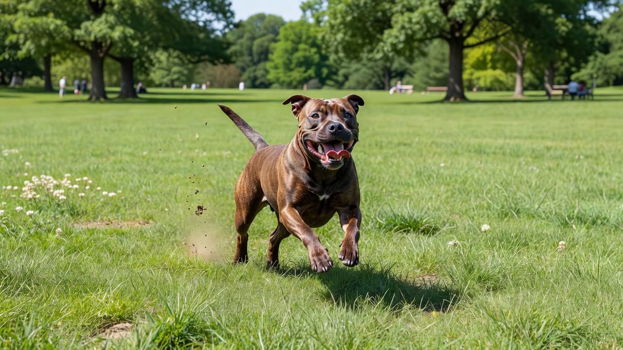 A happy Staffordshire Bull Terrier runs across a sunny green park.