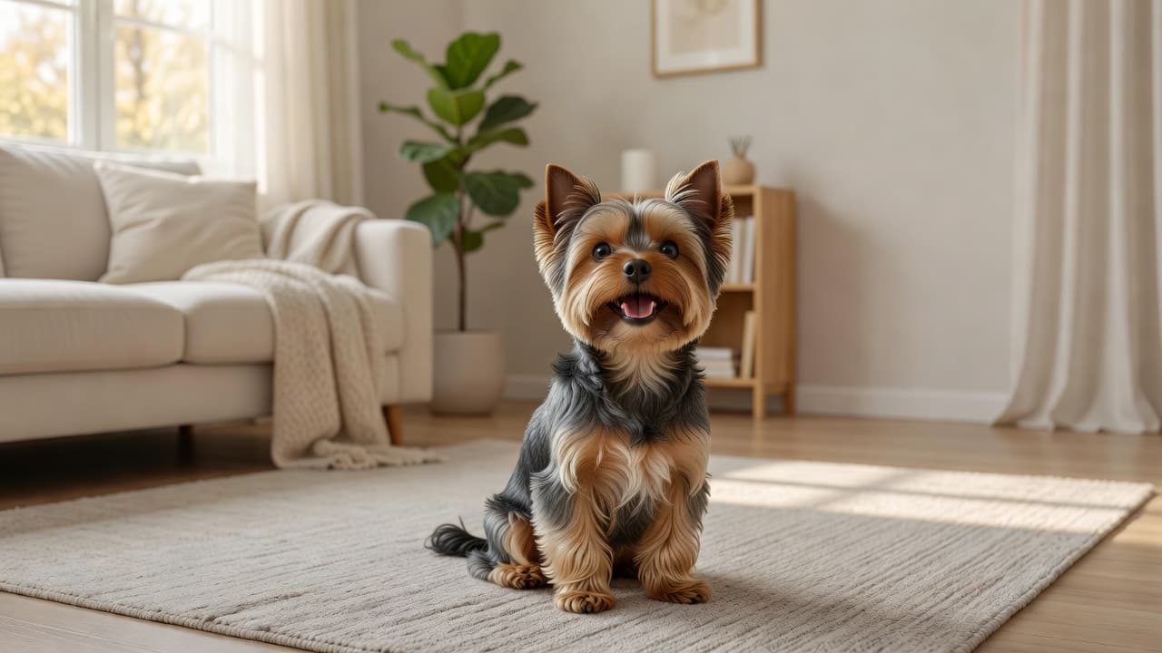 A well-groomed Yorkshire Terrier sits poised on a soft, neutral-toned area rug within a sunlit living room. Sunlight streams across the clean interior, highlighting the dog's curious and happy expression.