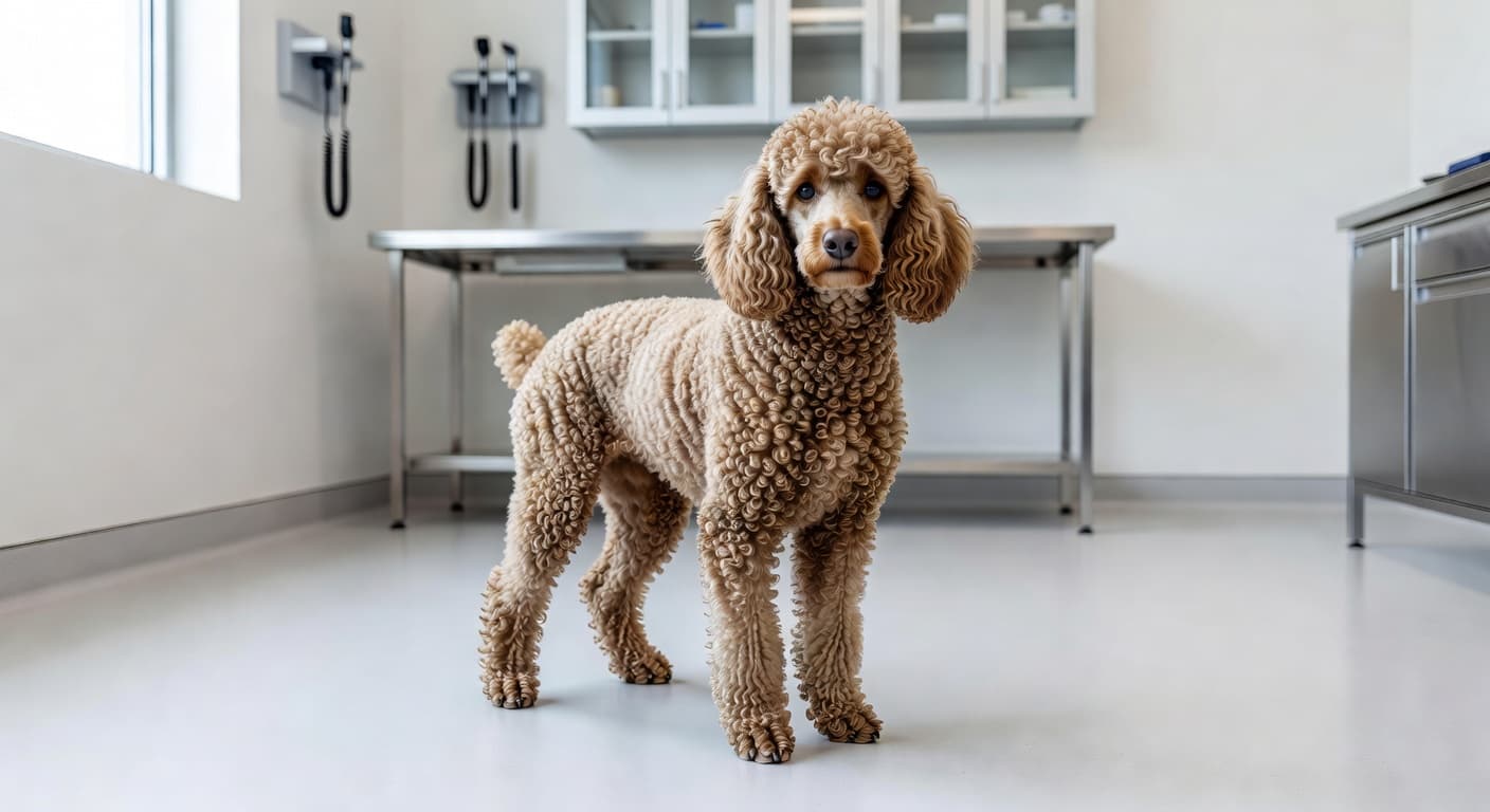 A well-groomed curly poodle stands alert on a stainless steel examination table inside a bright veterinary clinic. The animal stares directly toward the camera with a calm and curious expression.