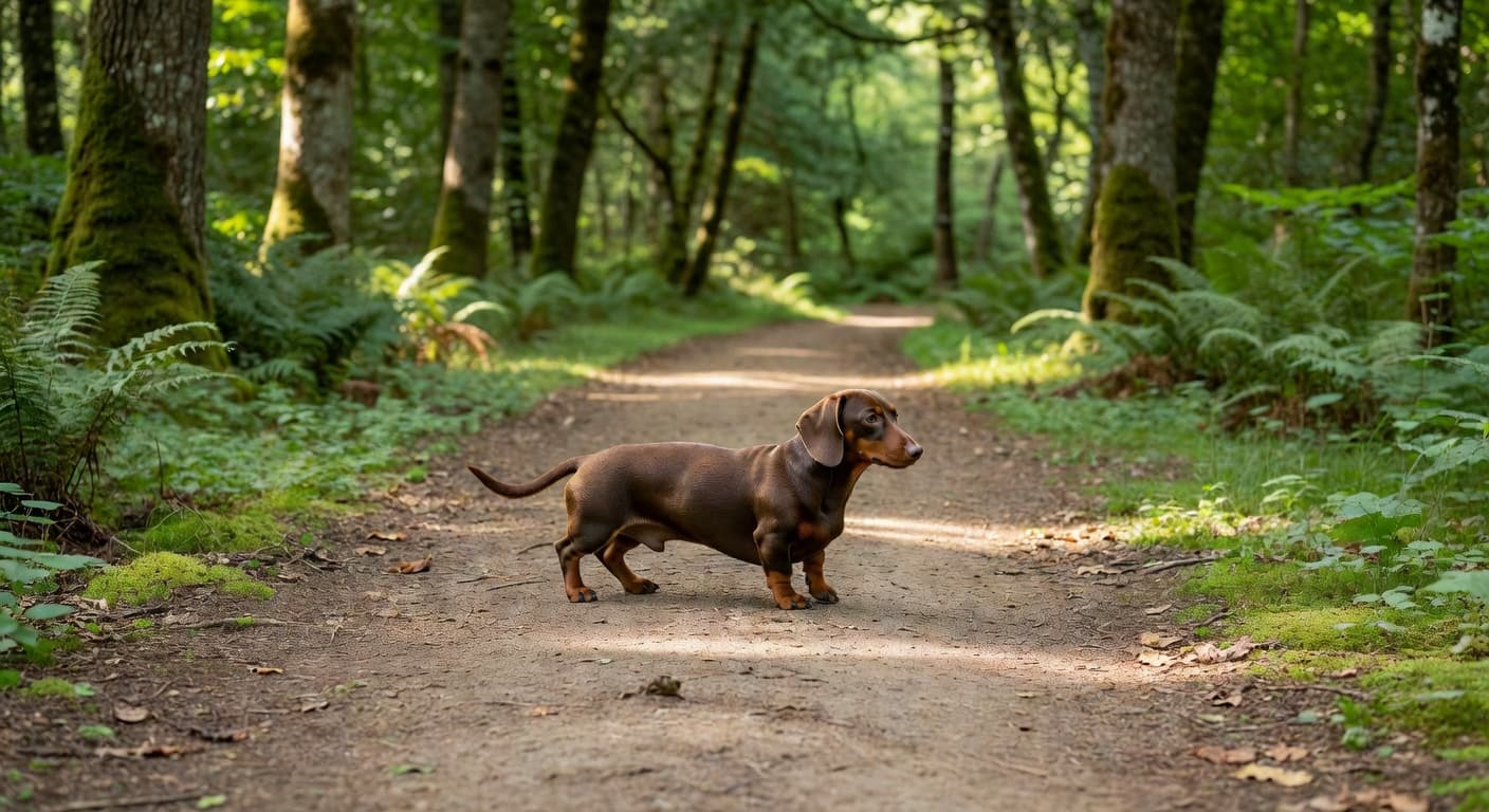 A small brown dachshund walks calmly along a flat, earthen forest trail surrounded by lush greenery. The dog maintains a steady pace, demonstrating gentle movement perfect for building strength without intense strain.