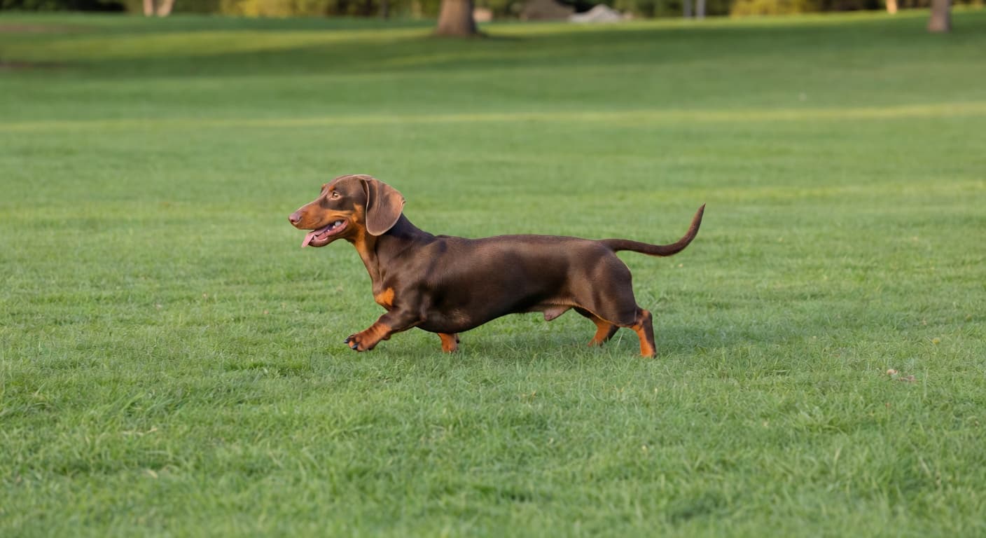A brown dachshund trots gracefully across a lush, flat green lawn under bright natural daylight. The side profile view highlights the dog's healthy posture on the soft, even grass surface.